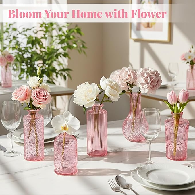 BEAHOT 24 Pack Pink Flower Vase in Bulk,Mini Vintage Glass Bud Vases for Centerpieces,Wedding Decor,Party & Home Decaration,Mother's Day (Pink)