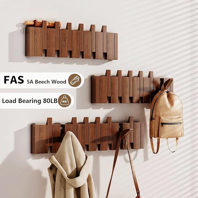 Wall Mounted Coat RackHooks Piano Key Hangers Natural Solid Wood Hanger Non-Woven Fabric Clothes Hangers for Closet, Kitchen, Bedroom, Bathroom, Entryway (Walnut-Beech, 6 Hooks)