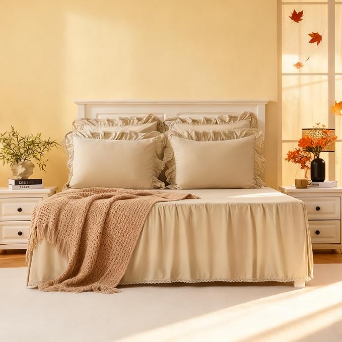 Vlocemon Queen Size 18 inch Drop Ivory Dust Ruffle, Crochet Edge Lace, Lightweight 100% Cotton, French Coutry Style Ruffled Bed Skirt with Split Corners