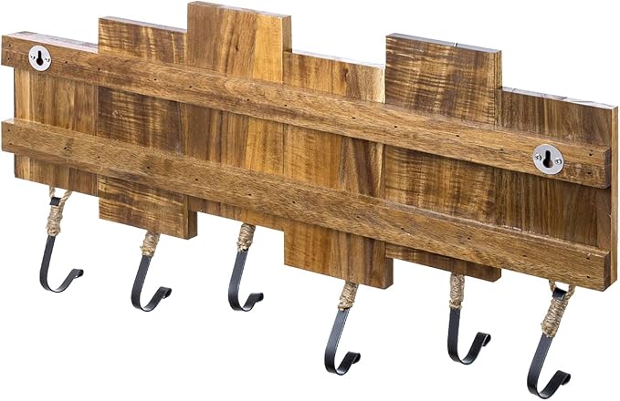 MyGift Wall Mounted Coat Rack, Premium Nautical-Style Wall-Mounted Acacia Wood Entryway Storage Rack with 6 Rope and Matte Black Metal Hooks