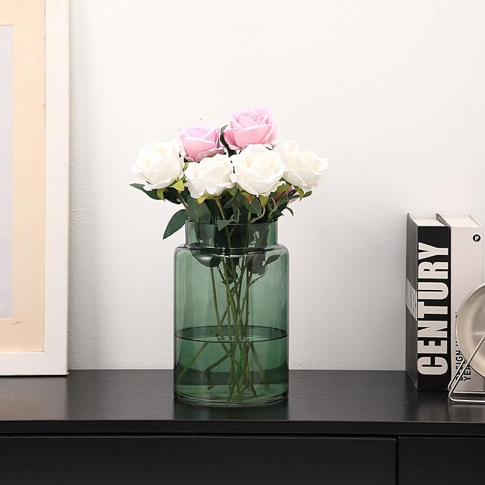 Large Glass Vase, 9 Inch Green Glass Vase, Large Flower Vases for Bouquet, Tall Wide Mouth Vases for Flowers, Home, Wedding, Living Room, Office Decor