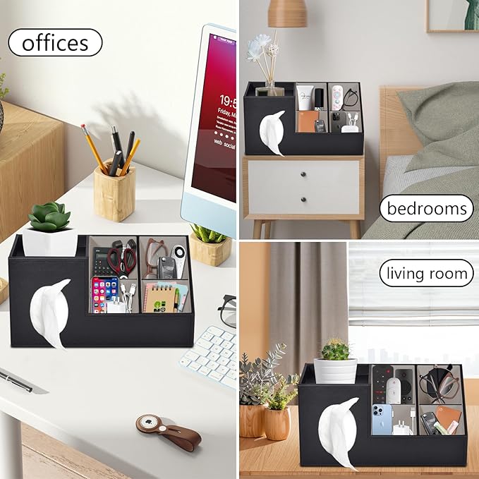 Plus Size Tissue Box Cover-Square Tissue Cover with Side Storage and Tray,Modern Makeup Organizer,PU Leather Tissue Holder Decorative Cube Organizer for Living Room Vanity NightStand Office,Black