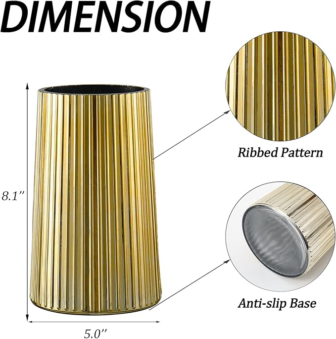 Gold Glass Vase for Flower, Flower Vase for Bouquet, Modern Glass Vases, Ribbed Vases for Living Room, Bedroom, Dining Table, Office, Wedding, Centerpieces, 8 Inches
