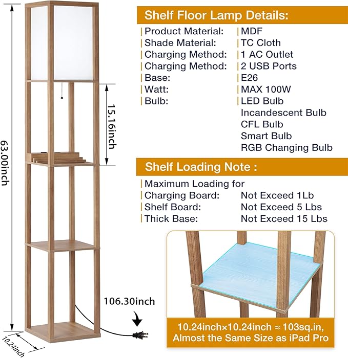 SHINE HAI Shelf Lamp, Modern Standing Light with 1 USB Port and 1 Type C Port and 1 Power Outlet, 3-Tiered Display Floor Lamps with Shelves for Living Room, Bedroom and Office - Wood