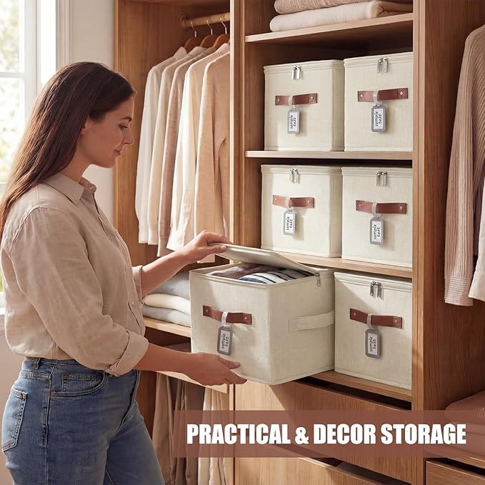 6 Pack Fabric Storage Bins with Lids and Label, 10×8×7Inch Foldable Cotton Linen Cute Storage Boxes with PU Leather Handles for Closet, Bedroom, Shelf, Nursery, Beige