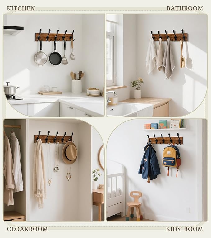 RELBRO Coat Rack Wall Mount, 16.7 Inch Wooden Wall Coat Hanger with 5 Triple Hooks, No Assembly, Brown, 1 Pcs