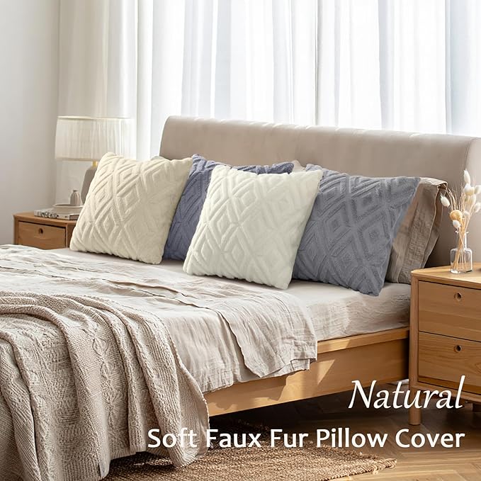 decorUhome Set of 4 Faux Fur Throw Pillow Covers 20x20, Decorative Soft Couch Pillow Covers with Velvet Back for Modern Sofa Living Room, Grey/Beige