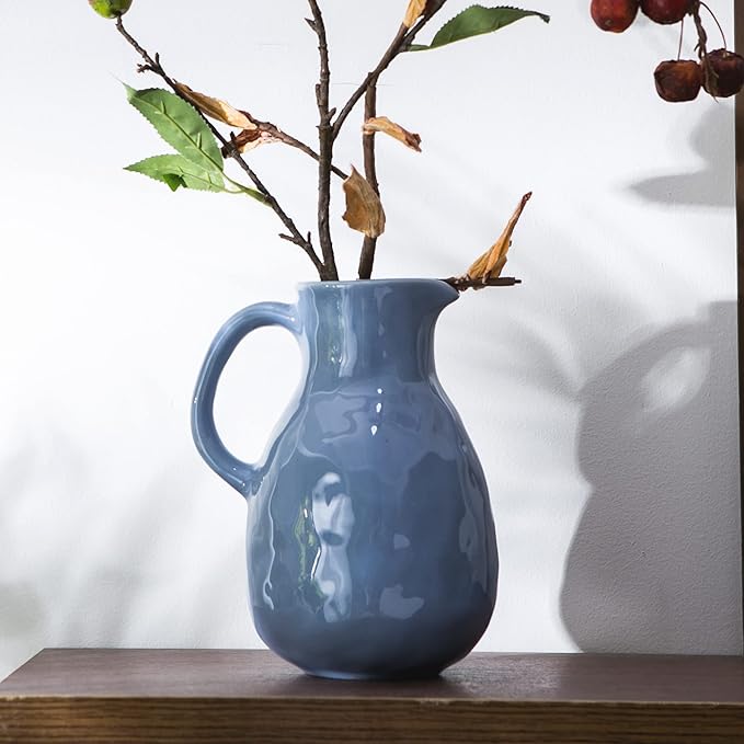 Kimdio Blue Ceramic Vase with Handle, Modern Pitcher Vases for Home Decor, Pottery Decorative Flower Vase, Clay Vases, Centerpieces for Living Room
