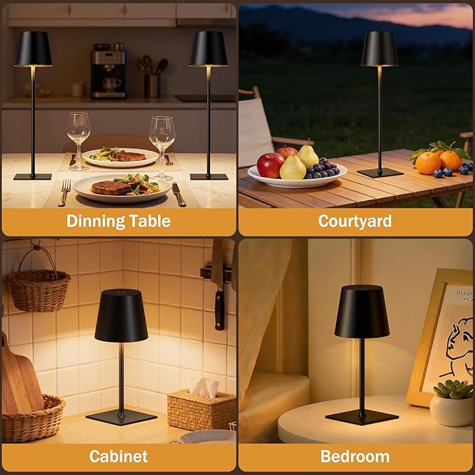 Black Cordless Rechargeable Table Lamp, 2 Pack Portable Desk Lamp with 5000mAh Battery, Touch Control Stepless Dimming, Wireless Night Light for Dining, Outdoor Camping, Coffee Shop, Waterproof Design