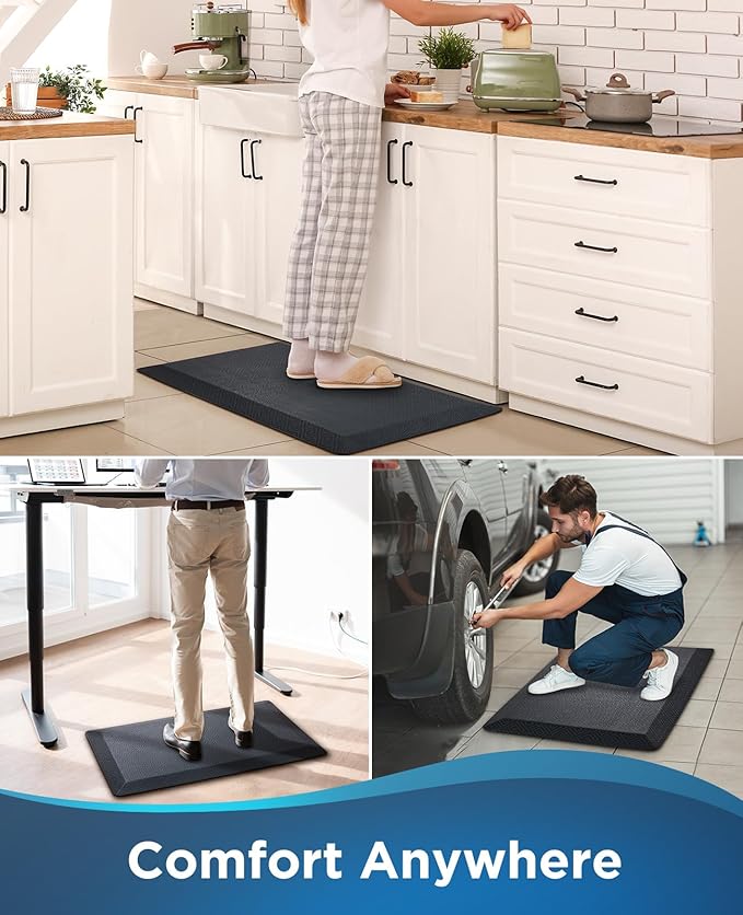 Ophanie Kitchen Mats for Floor, 3/4 inch Thick, 17x28 Anti Fatigue Cushioned Mat, Kitchen Rugs, Waterproof, Comfort Ergonomic Standing Mat for Office, Home, Sink, Black Non-Slip Ridged Bottom