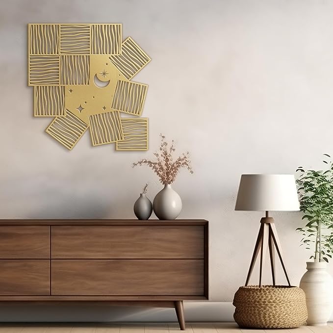 SIGNLEADER Metal Wall Art Decor Moon and Line Art Modern Abstract Wall Sculpture Hangings Home Decoration for Living Room, Bedroom, Bathroom, Kitchen, Outdoor - 18" Gold