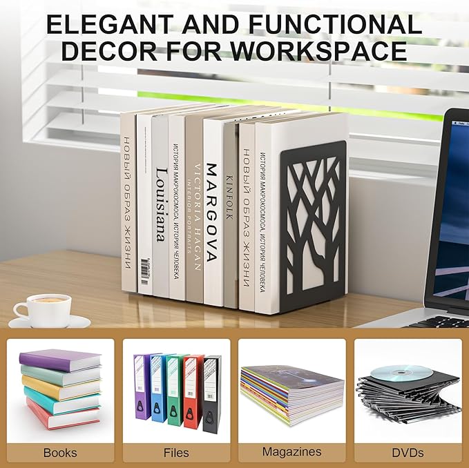 Bookends 4 Pieces, Tree Design Modern Metal Bookends for Shelves, Black Tree Book Ends Decorative Book Organizer for Desk, Decorative Shelve Book Stopper for Home Office