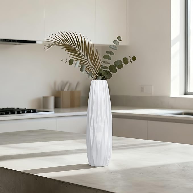 12 Inch White Vase Ceramic Flower Vase, Tall Vases for Pampas Grass, Home Decor, Modern Textured Vases for Living Room Decorations,Table Centerpieces,Shelf,Farmhouse Small Ceramic Vase