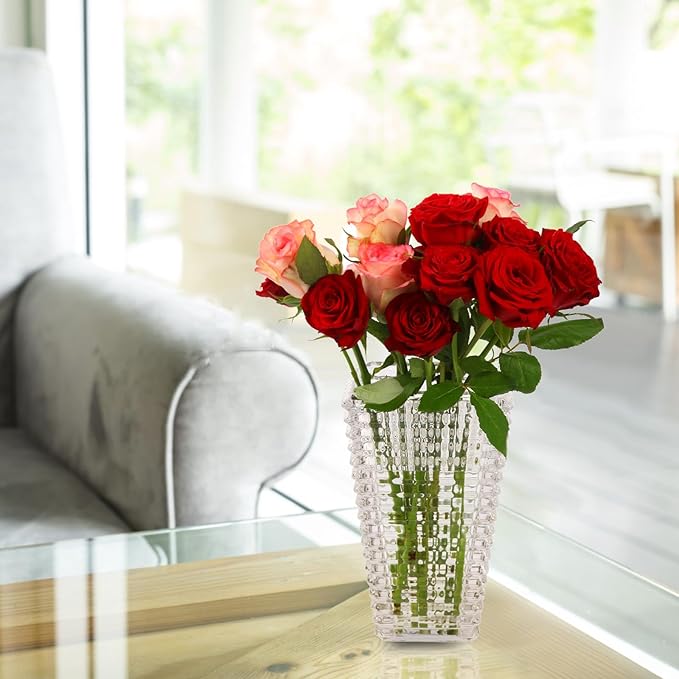 Crystal Vase, Large Clear Glass Vase for Flowers Modern Flower Vases Luxury Home Table Flower Decor Glass Vases for Living Room, Bedroom, Kitchen, Office, Coffee Table, Wedding Decorations (Medium)