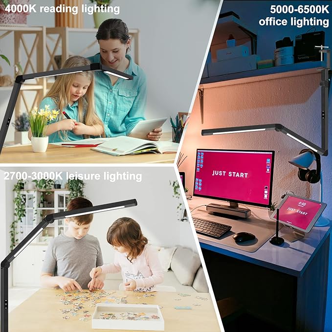 LED Desk Lamp with Clamp, Architect Desk Lamp with Dual Light and Adjustable Swing Arm, Clip-on Eye-Care 4 CCT Modes & 5 Brightness Levels Table Light Modern Computer Lighting for Home Office