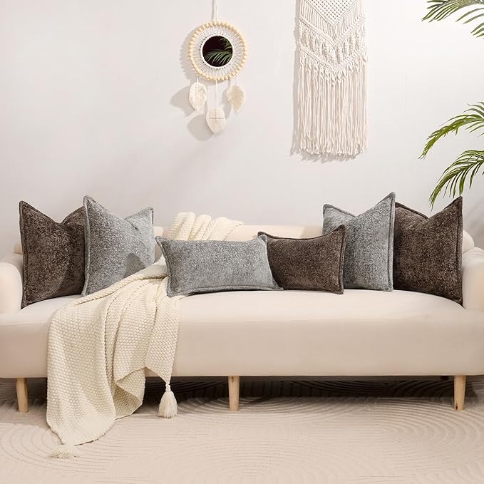 DEZENE Pack of 2 Grey Decorative Throw Pillow Covers 20x20 Cozy Soft Chenille Accent Vintage Square Couch Pillow Covers for Home Decor Bed Sofa Living Room