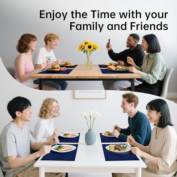 Blue Forest Placemats Set of 8, Dual-Layered Thickened Faux Line Table Mats Heat Resistant Machine Washable Wrinkle Free Place Mats for Kitchen Dining Outdoor/Indoor (NavyBlue)