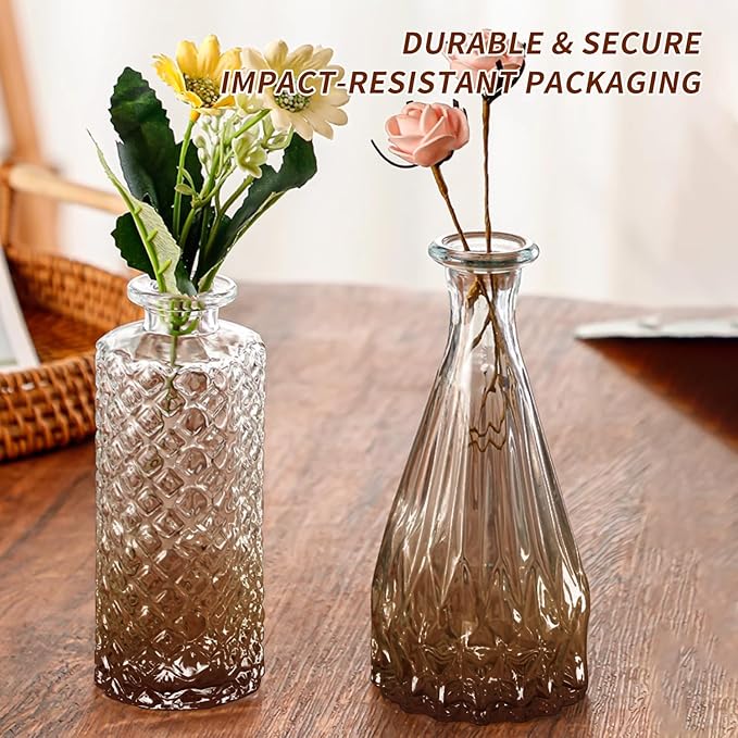 KUAGUINZUHE 12 Pcs Glass Bud Vase Set, Small Translucent Amber Vintage Flower Vases for Wedding Centerpieces in Bulk, Mini Embossed Vases for Home Table Decor, Party, Baby Shower Decorations