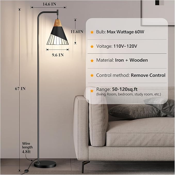 67" Industrial Floor Lamp with Wood & Black Metal Shade, Modern Standing Lamp, Rustic Farmhouse Tall Lamp for Living Room Bedroom Office, 2700K Bulb & Foot Switch Included (Black + Remote Control)