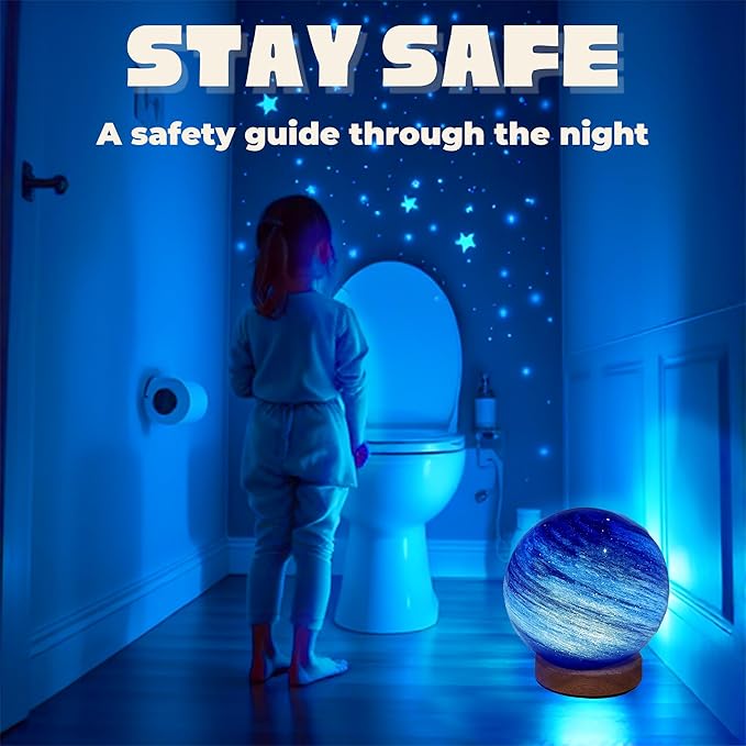 New Model Neptune Blue Planet Night Light Glass Bedside with Wooden Base 3 Modes - Dimmable Swirl Planet Table Lamp for Bedroom Nightstand, Desk Lamp for Living Room, Office, Kids Room