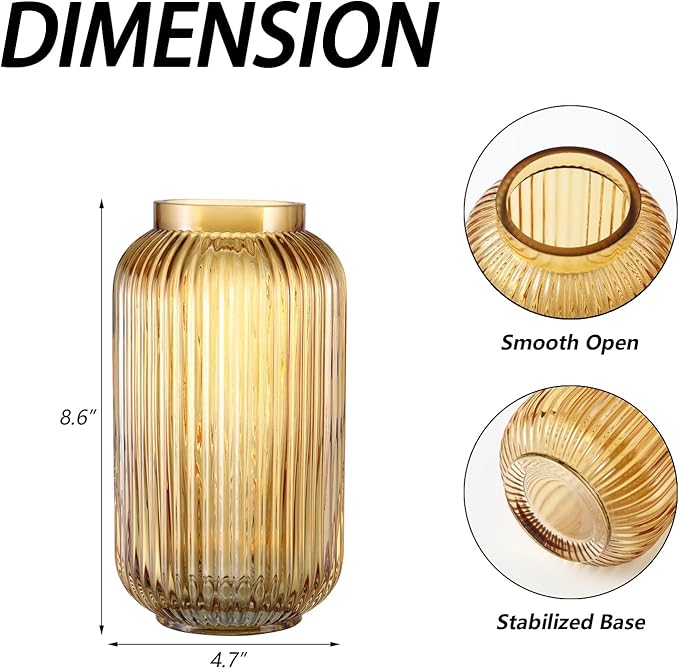 Ribbed Glass Vase, Amber Flower Vase for Bouquet, Glass Vases for Flowers, Modern Vases for Living Room, Bedroom, Kitchen, Dining Table, Office, Wedding, 8.6 Inches