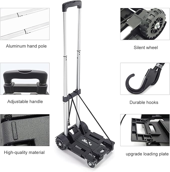Folding Hand Truck Lightweight Trolley,Small Utility Dolly cart with 4 Wheels & 2 Elastic Ropes,Portable Backpack Trolley,Luggage cart,Dolly,Grocery cart,Travel,Moving,Shopping.Aluminum Pole,Black