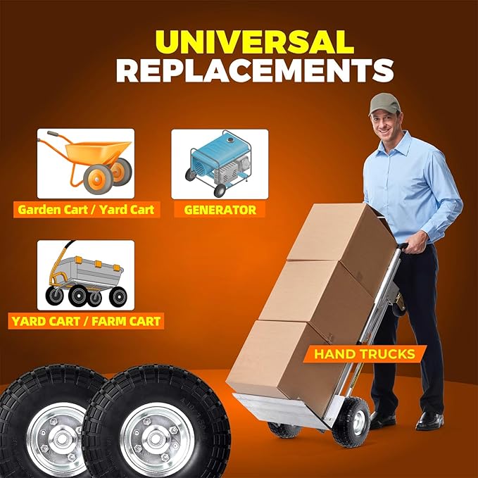 AR-PRO (2-Pack) 10-Inch Solid Rubber Tire Wheels - Replacement 4.10/3.50-4" Flat Free Tire with 5/8" Bearings, 2.2" Offset Hub - Compatible with Hand Truck, Wheelbarrow, Dolly, Gorilla Carts