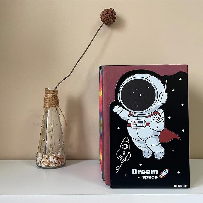 2 Pack Metal Bookends,5.3"x3.9"x8"Non-Slip Black Cartoon Astronauts Book Stopper,Heavy Duty Premium Space-Themed Decorative Book End, Supports for Kids Children Shelves,Room,School,Learning Gifts