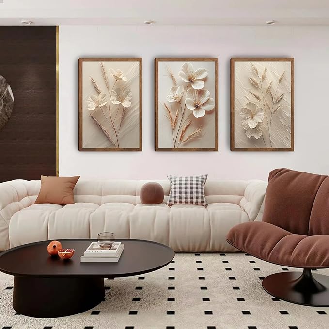 Neutral Beige Floral Canvas Wall Art Set of 3, Modern Minimalist Texture Botanical Wall Decor, Vintage Flower Poster Prints for Living Room Bedroom Farmhouse Ready Home Decor 24x16in Wood Framed