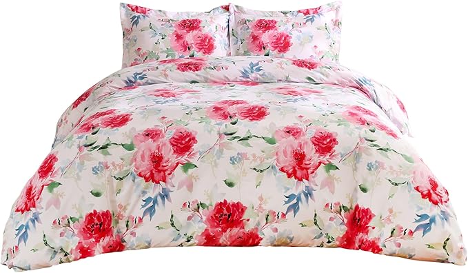 JSD Rose Floral Duvet Cover Set King Size, 3 Piece Soft Printed Microfiber Comforter Covers Zipper Closure