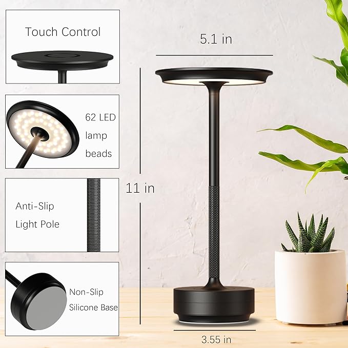 Rechargeable Cordless Table Lamps,Portable 5000mAh Table Light Touch 3 Color Stepless Dimming Battery Powered LED Metal Table Lamp for Restaurant/Home/Outdoor/Camping.(Black)