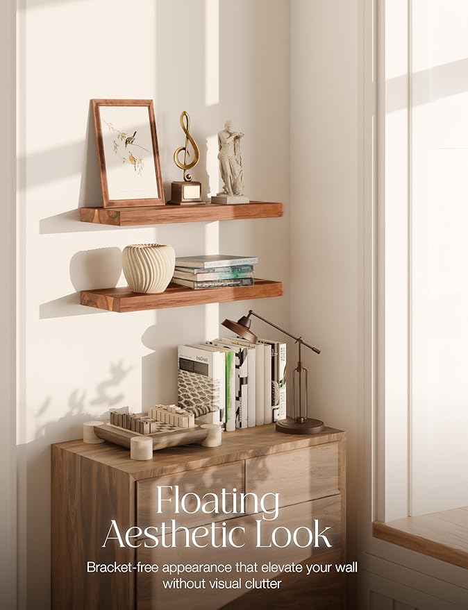 BATODA Set of 2 17" Acacia Wood Floating Shelves Wall Mounted – Rustic Farmhouse Wooden Wall Storage Shelf for Bedroom, Kitchen, Home Décor - Brackets and Shelving Mounting Hardware Included
