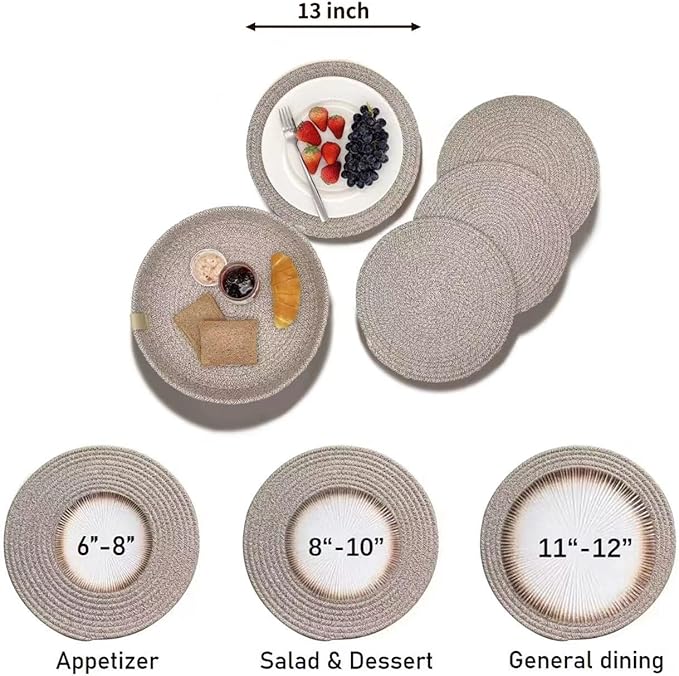 Art PineCone's Woven Cotton Rope Round Placemats Set of 4 with Holder Included, Non-Slip, and Heat Resistant Shabby Chic Placemats (Taupe Mix, 13 inch)
