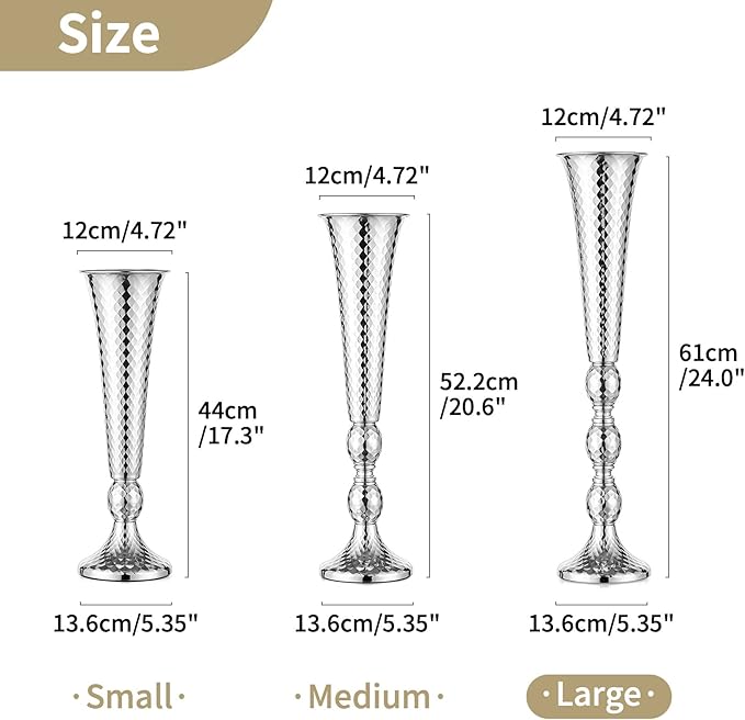 Trumpet Vase Wedding Centrepieces for Tables: Nuptio 2 Pcs Silver Vase 61cm Tall Flower Stand Road Lead for Weddings Party Dinner Centrepiece, Tabletop Vases for Anniversary Birthday Home Decoration