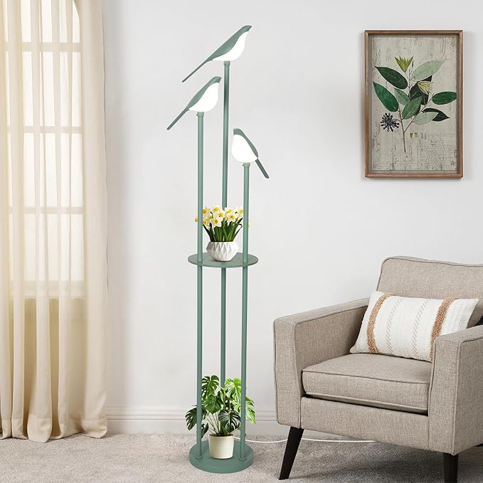Artmooy Bird Floor Lamp for Bedroom, Green Standing Lamps for Living Room, Corner Tall Lamp with Table, 3-Lights Vintage Floor Lamp, Modern Stand Up Lamp for Office, Girls Room, Unique Bird Lamps