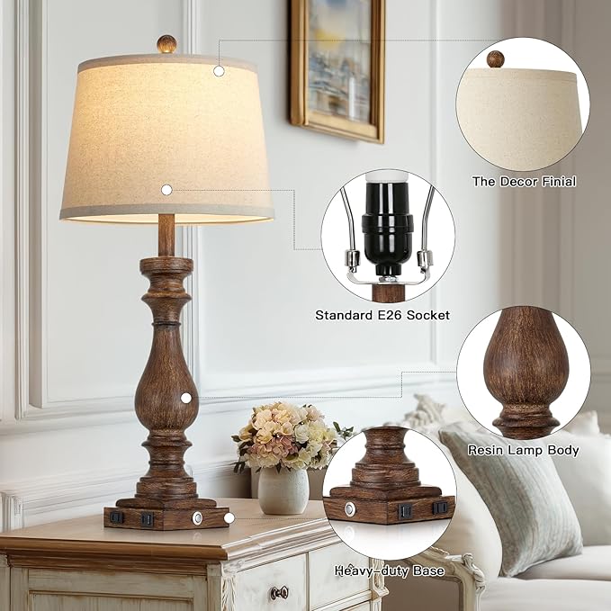 29" Farmhouse Brown Table Lamp for Living Room Set of 2,Vintage Bedside Nightstand Lamps with USB C+A Ports & AC Outlet,3-Way Dimmable Touch Retro Lamp for Bedroom,Brown