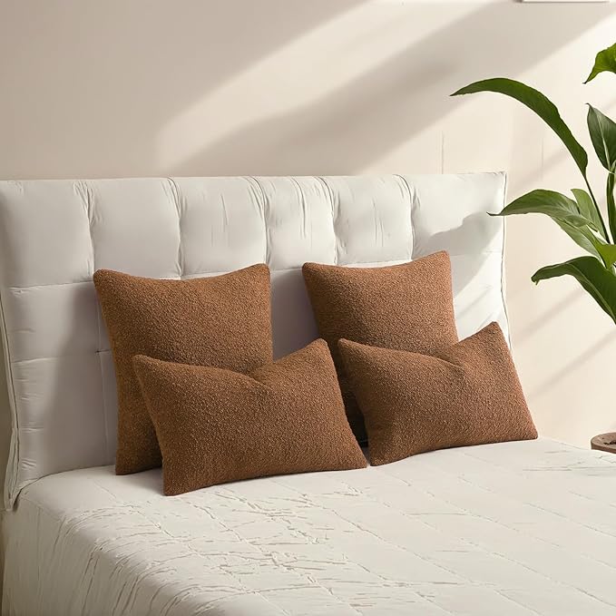 HAUSSY Set of 2 26x26 Decorative Throw Pillow Covers, Soft Cozy Euro Pillow Shams Textured Boucle, Home Decor for Couch Bed Living Room, Tobacco