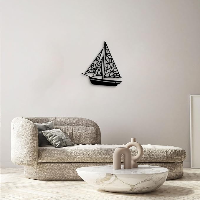 GlintHome Black Metal Sailboat Wall Art for Living Room - Abstract Modern Wall Sculpture Textured Artwork Minimalist Geometric wall Decor for Bedroom Bathroom Living Room Home