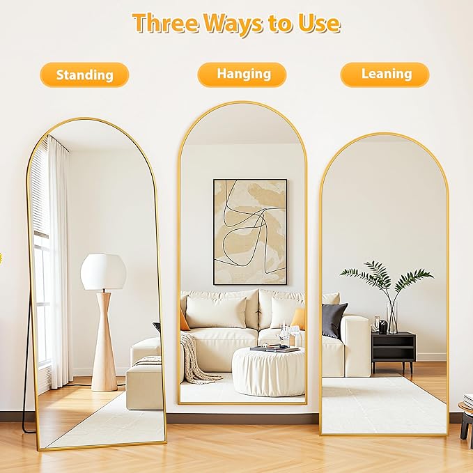 Full Length Mirror, 58"x18" Oversized Floor Mirror Freestanding, Full Body Mirror Floor Standing Mirrors with Stand, Hanging Mounted Mirrors for Bedroom Living Room, Gold, Arched Style