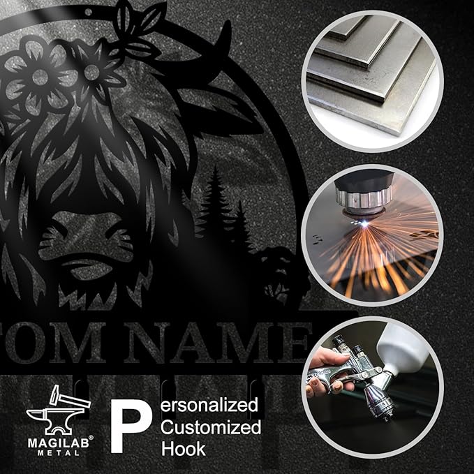 magilab Personalized Custom Highland Cow Wall Hooks,Metal Highland Cow Art Clothes Hooks,Metal Highland Cow Wall Home Storage Decorative,for Front Door, Hallway, Kitchen, Bedroom,Keys,Hats (Style N)