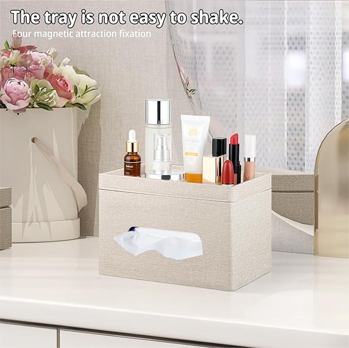 YAPISHI Large Tissue Box Cover Rectangle with Tray Storage, PU Leather Facial Tissue Holder, Fits 230-Count Family Size Kleenex, Modern Nightstand Organizer for Bathroom Office Home Decor