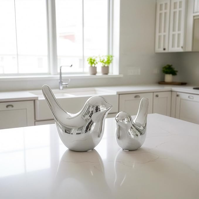 Silver Bird Statue Set – Small and Large, Modern Tabletop Sculptures for Living Room, Mantel, Shelf, Console Table, Entryway, Fireplace, Bedroom, Contemporary Silver Home Decorations