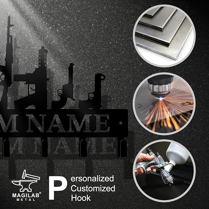Personalized Custom Name Gun Wall Hooks,Metal Gun Room Art Clothes Hooks,Metal Gun Wall Home Storage Decorative,For Front Door, Hallway, Kitchen, Bedroom,Keys,Hats (Style G)