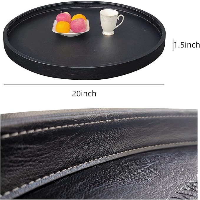 20 x 20 inches High-end Luxury Leather Round Oversized Service Tray, Ottoman & Coffee Tray for Family Dinner, Out-of-House Picnic, Party Essential (20 inch Black)