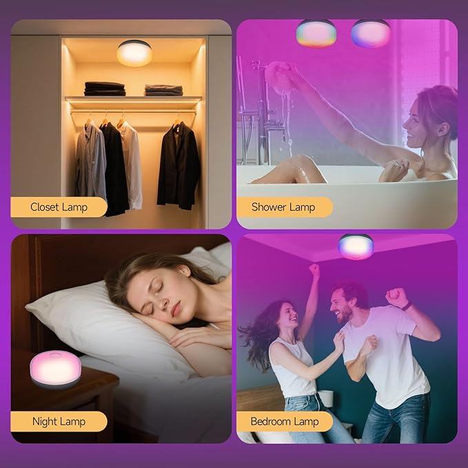 2PACK Rechargeable LED Shower Light with Remote, 15 RGB Colors Mood Lighting Without Wiring,Dimmable Ceiling Light for Bathroom Living Room Closet Bedroom
