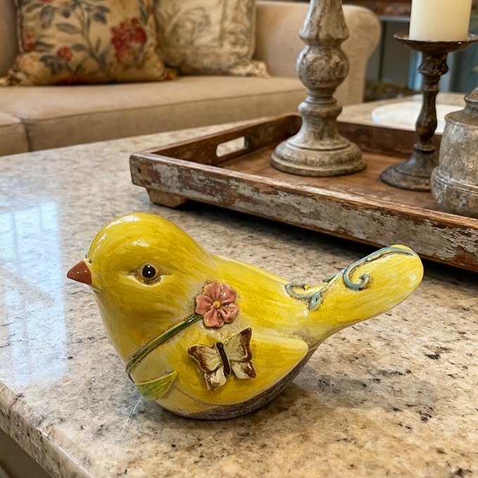 Yellow Resin Bird Sculpture Home Decor, 4.3 Inch Cute Statues Decorative Objects for Room, Bedroom, Living Room,Office Desk, Book Shelf,Coffee Table,Entryway, Gifts for Bird Lovers