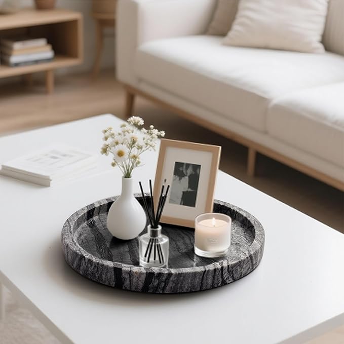 WORHE Natural Marble Vanity Tray for Bathroom Bedroom Kitchen Dresser, Round Decorative Trays for Jewelry, Perfume, Cosmetic, Candle, Countertop Storage Organizer for Home Decor Gray Black (WH017)