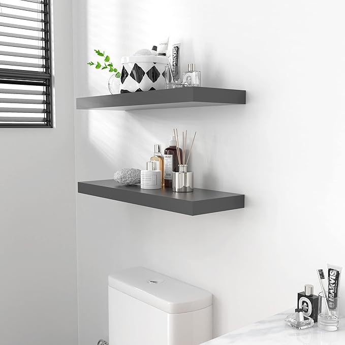 Ballucci Floating Shelves for Wall, 24" Wood Wall Shelf Set of 2, with Invisible Brackets for Bathroom, Living Room, Bedroom, Kitchen, Nursery, 8" Deep, Black