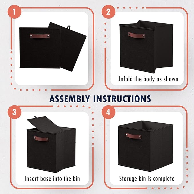 Ornavo Home 13 x 15 x 13 Kallax Storage Cube Bins, Foldable Collapsible Fabric Storage Bins Box Linen Shelf Basket Cube Organizer for Closet with Leather Handles, 6 Pack, Black