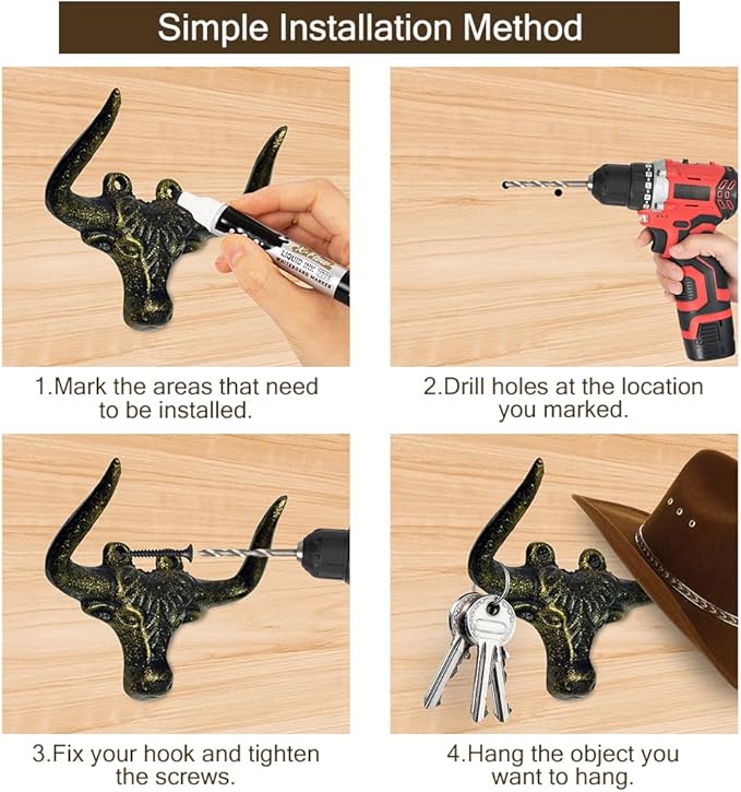 Cast Iron Wall Mount Hooks – Bull Bronze Design, 2 Pack – Vintage Rustic Coat Hooks for Entryway, Bathroom, Kitchen, or Bedroom